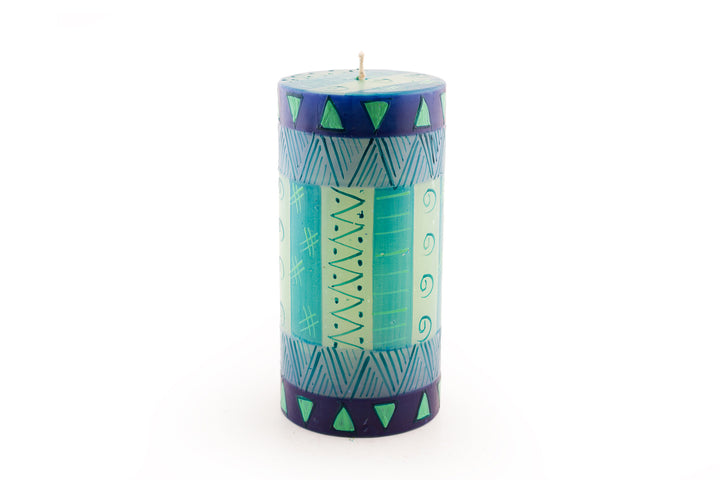 Blue & Green 3x6 pillar candle.  Indigo blue, turquoise, greens and touch of purple in various circle and triangle designs.