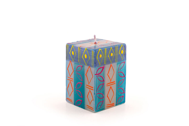 Blue Moon 2x2x3 cube.  Turquoise and Blue with designs in orange, fuchsia and yellow.