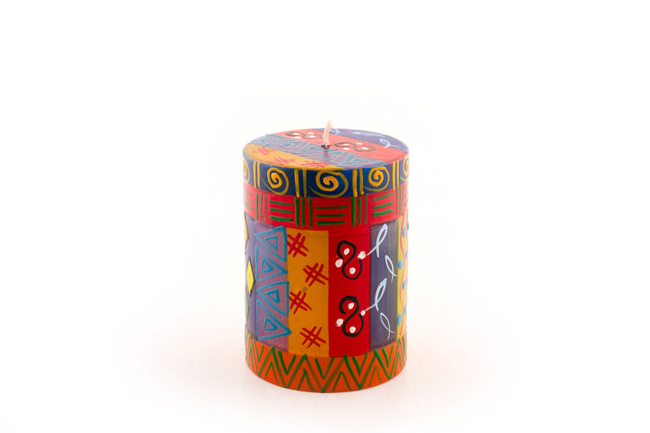 Multicolor 3x4 pillar candle. Bright, colorful, sunshines and fun designs that sing out Africa!