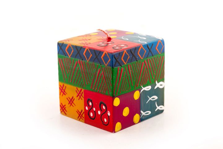 Multicolor Ethnic 3x3x3 cube candle. Bright, colorful, sunshines and fun designs that sing out Africa! 