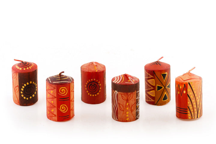 Safari Gold 2" votives in various designs; shades of brown and rust with accents of gold in 'African' patterns.  6 votives come in a gift package. 