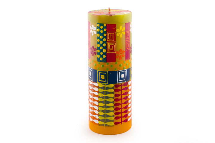 3x8 Summer Pillar candle. Flowers, dots and petal chain designs in summer colors.