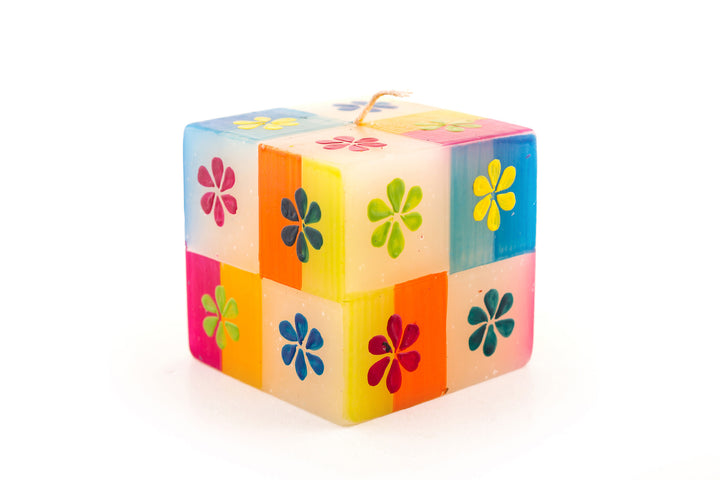 3x3x3 Summer cube candle. Flowers, dots and petal chain designs in summer colors.