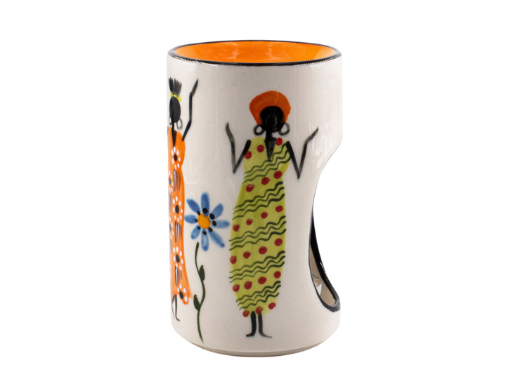 The other side of the African Ladies Ceramic Burner. Tea light in bottom that glows through the opening while scent burns on top. Whimsy African Ladies painted on side. Fair Trade..