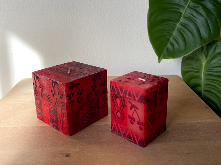 Berry Blaze design in 3x3x3 cube candle and 2x2x3 cube candle. Fair Trade.