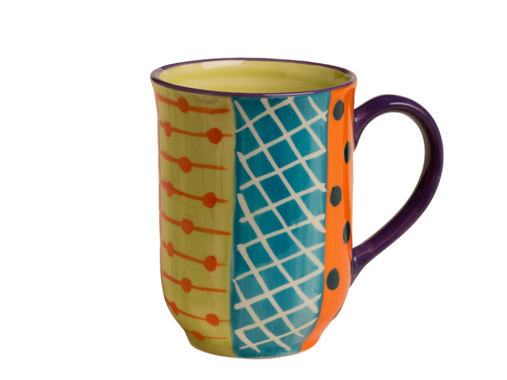 Carousel hand painted ceramic mug, side 2.  Large stripes of turquoise, yellow & orange with overlay of thin stripes and dots.  Colorful & fun. Fair Trade. 