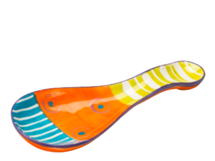 Carousel ceramic hand painted spoon rest.  Orange, yellow & turquoise background, with white stripes and blue dots!  Fun & colorful. Fair Trade.