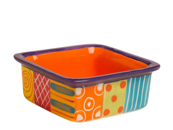Carousel small square ceramic serving dish.  Turquoise, yellow, orange and red background with white  stripes and orange dots.  Fun & colorful. Side 1.