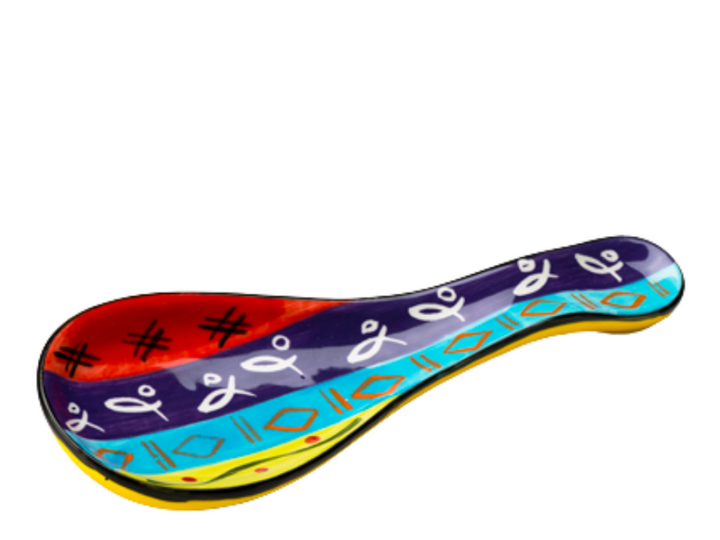 Multicolor Ethnic hand made ceramic spoonrest. Colorful Zulu inspired design, colorful and fun. Microwave and dishwasher safe. Fair Trade.