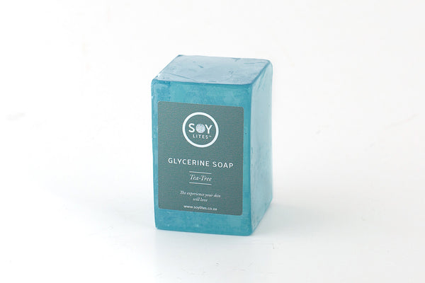 Aqua blue, antibacterial glycerin hand made soap with the scent of Tea Tree. Fair Trade.