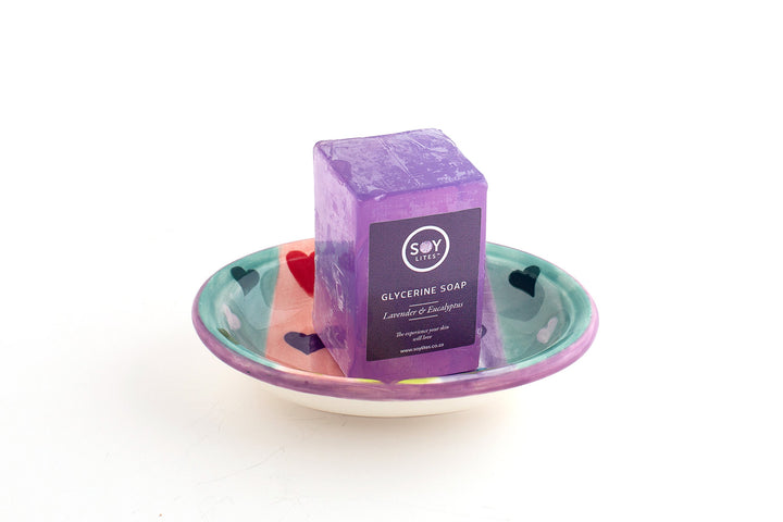 Soylites Antibacterial glycerine soap bars are a perfect fit in a  ceramics soap dish, here the Lavender soap is with a pastel hearts dish. Fairly traded.