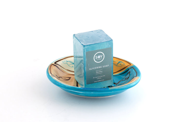 Arniston sea side design soap dish with Tea Tree Anitibaterial soap bar in  aqua marine color. Fairly Traded.