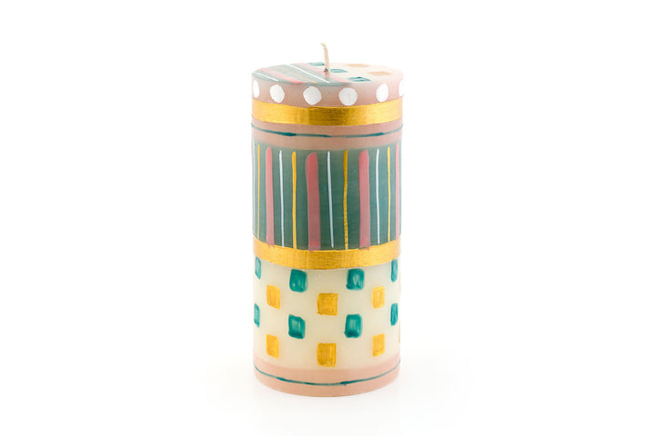 Pastel &  Gold 6" Pillar candles with hints of turquoise glows from within while it burns. Burn time is 80 hours. Handmade and hand painted.