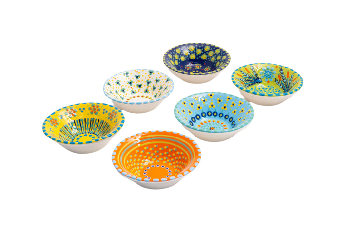 6 'nut' size ceramic bowls with base colors of indigo blue, lime green, white, baby blue, yellow and orange. Dots & Stripes and flowers painted on top in orange, jasper green, turquoise blue & yellow. Microwave and dishwasher safe.