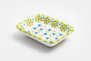 Ceramic rectangle shape Tiny Dish with White base color. Dots & Stripes and flowers  painted on top in yellow, red, indigo, lime green and orange.