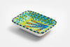 Ceramic rectangle shape Tiny Dish with Lime base color. Dots & Stripes and flowers  painted on top in yellow, red, indigo, baby blue and orange.