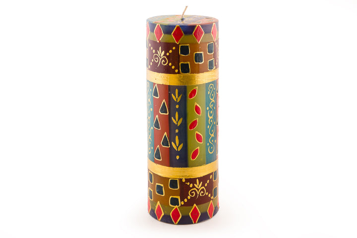 African Mineral 3x8 pillar candle. African designs in wonderful rich colors of turquoise, red, blues, browns, purple, and gold.   Stunning!!