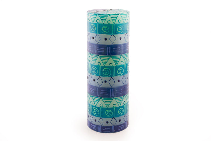 Blue & Green 3x8 pillar candle.  Indigo blue, turquoise, greens and touch of purple in various circle and triangle designs.