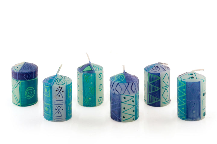 Six Blue & Green votives in various patterns. Indigo blue, turquoise, greens and touch of purple in various circle and triangle designs. 