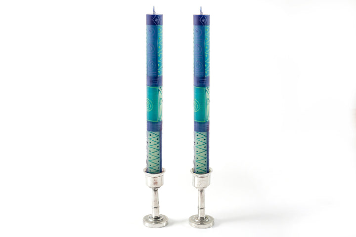 Matched pair of Blue & Green tapers in pewter taper candle holders. 