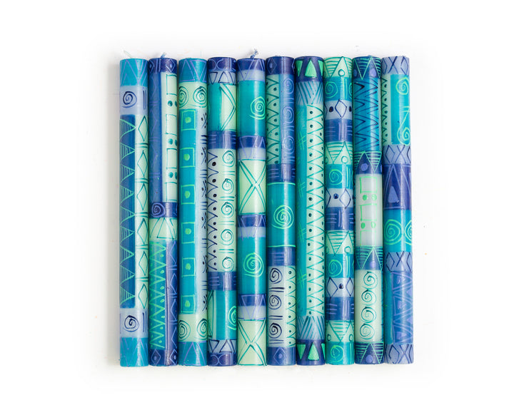 10 Blue & Green tapers showing the 10 designs of the collection.