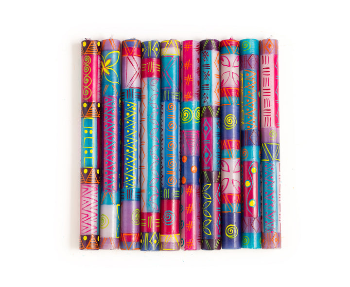 10 Blue Moon tapers showing the 10 designs in this collection.  Purple, turquoise, yellow, fuchsia, and red - colorful like the Blue Moon! 