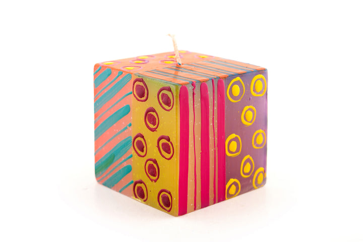 Carousel 3x3x3 cube candle. Dots, stripes and circles in pinks, purple, yellow, red, greens and turquoise!