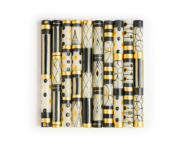 Tapers in the 10 designs of Celebration. Gold, black, and cream color in various pattens and dots.  Stunning!