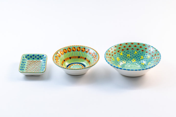 3 ceramic dishes in Jasper Green to show comparison between (from left) Tiny Bowl, Mini-Nut Bowl, and Nut Bowl.