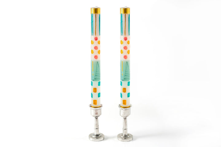 Delight 9" taper pair in pewter taper holders. Pink, turquoise, gold & white combination in dots, stripes, and designs. So fun!