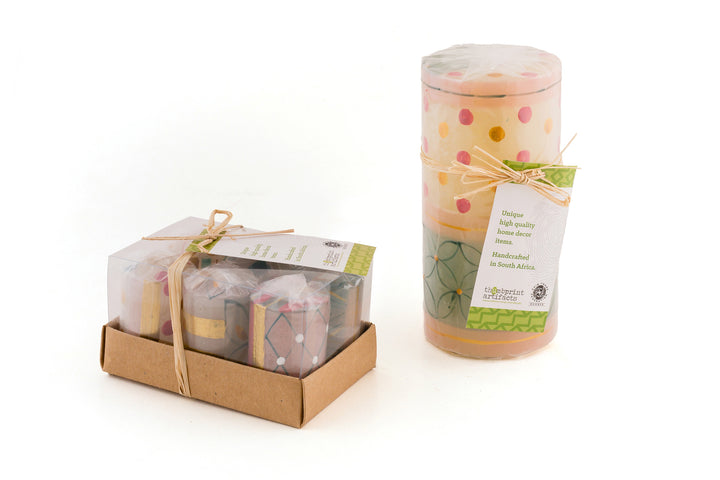 Each candle comes wrapped in sustainable cello with a story card.  Votives come in 6 pack, tied with story card.