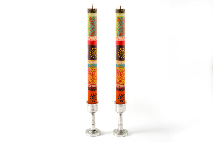 Desert Rose  9" matched taper pair in pewter taper holders. Beautiful colors of the African desert; golden yellow, turquoise blue, browns, orange painted in blocks of color with abstract patterns on top.