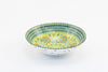Lime green large round ceramic serving bowl. 11"x 3".  Lime background, painted with yellow, green, touches of red, and baby blue.  Microwave & Dishwasher safe.
