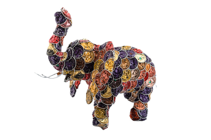 Happy elephant made from upcycled coffee pods in colors brown, gold, rust-red, and mauve. Truck up for good luck!  Fair Trade products.