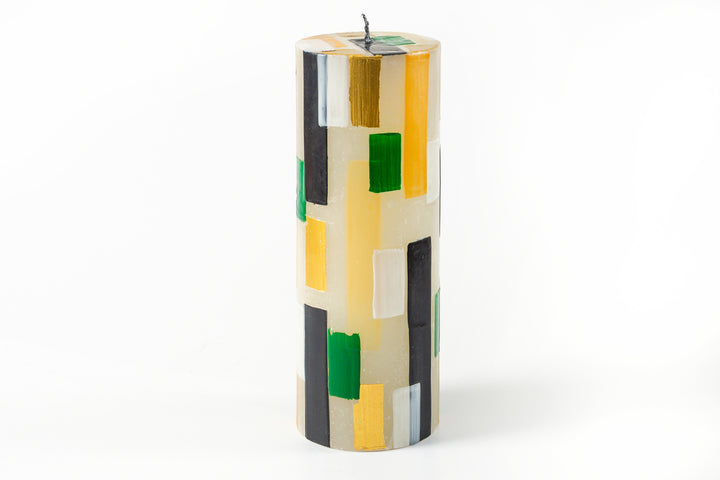 Klimt 3" x 8" Pillar Candle. Creamy white base color candles with touches of black, gold along with hints of green.