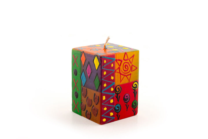 Multicolor Ethnic 2x2x3 cube candle. Bright, colorful, sunshines and fun designs that sing out Africa!