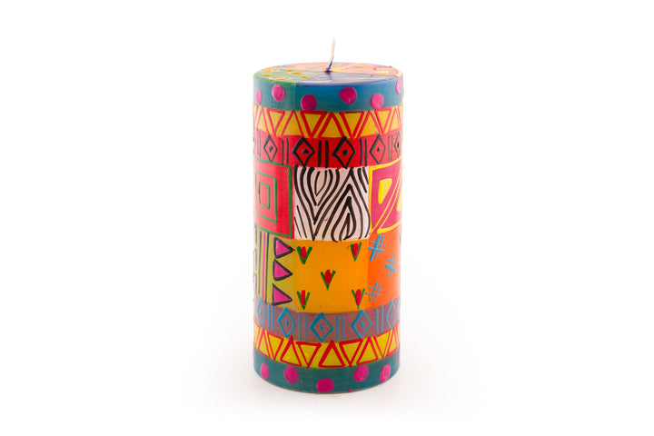 Multicolor 3x4 pillar candle.  Bright, colorful, sunshines and fun designs that sing out Africa!