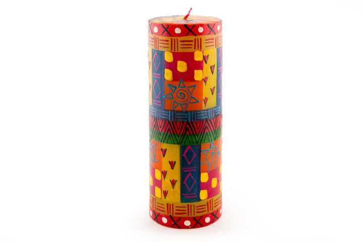 Multicolor 3x8 pillar candle. Bright, colorful, sunshines and fun designs that sing out Africa!