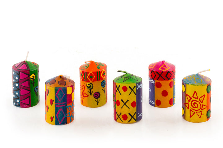 Six votives in various designs of Multicolor Ethnic. Bright, colorful, sunshines and fun designs that sing out Africa! The votives come in a 6 pack.