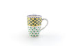 Colorful coffee mug with white base color.  Topped with dots, mini flowers & stripes in turquoise, orange, green, yellow & indigo blue.  White inside. Very fun!
