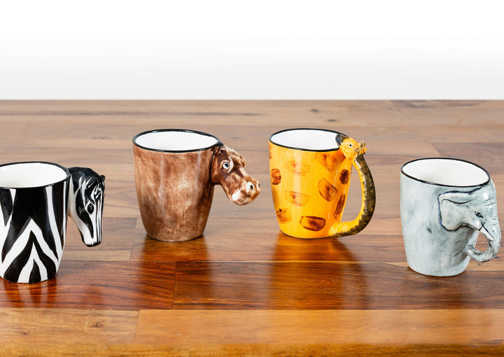All 4 whimsy ceramic animal mugs! From left, Zebra, Hippo, Giraffe and Elephant!