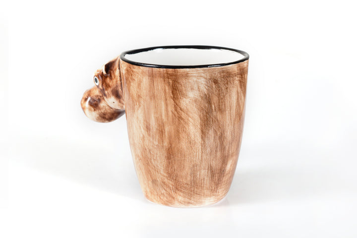 Reverse side of the ceramic coffee mug with a Hippo head for the handle. Painted in hippo skin colors of brown with white inside the mug.