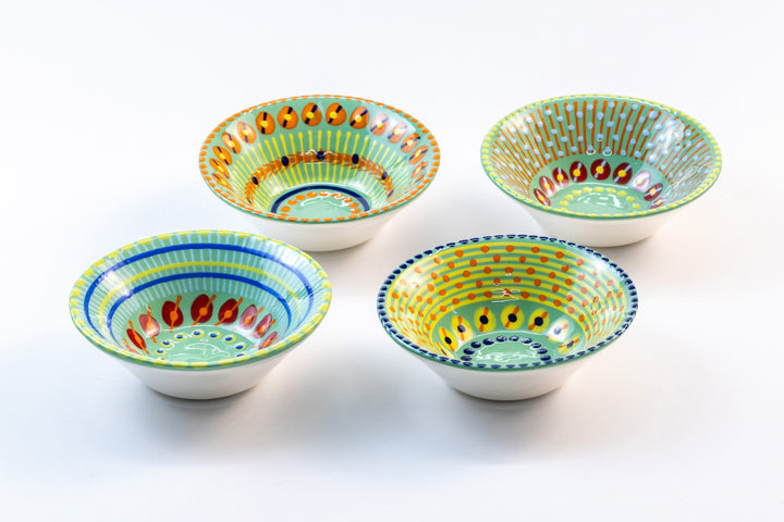 4 Mini Nut bowls with Jasper Green base color.  Dots & Stripes on top in orange, red, turquoise, indigo & yellow.  Each bowl with a unique design.