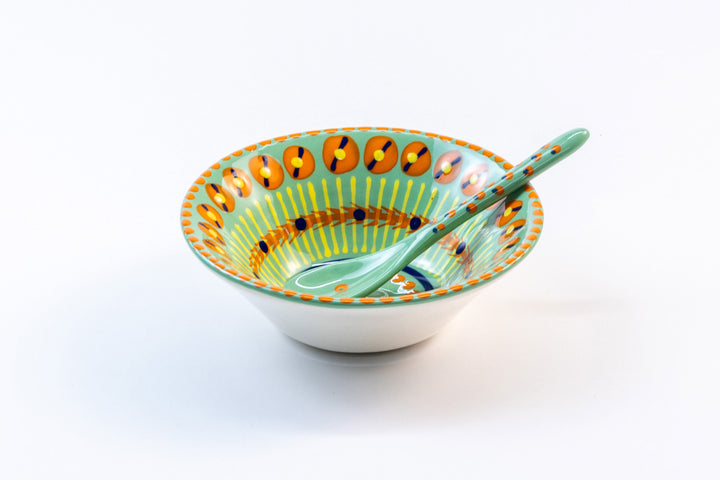 Jasper green mini nut bowl with matching small spoon in Jasper green.  Dots & Stripes on top of base color in orange, yellow, & indigo blue.  Perfect pair!