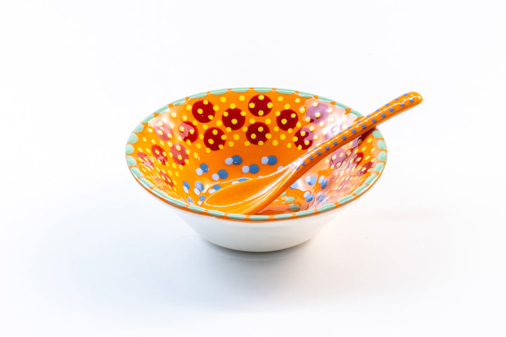 Ceramic Mini Nut Bowl in Orange with matching Ceramic Small Spoon in Orange