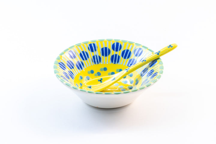 Yellow ceramic mini nut bowl with matching ceramic small spoon in yellow. Dots & Stripes on top of base color in turquoise, blue and green. Perfect pair!