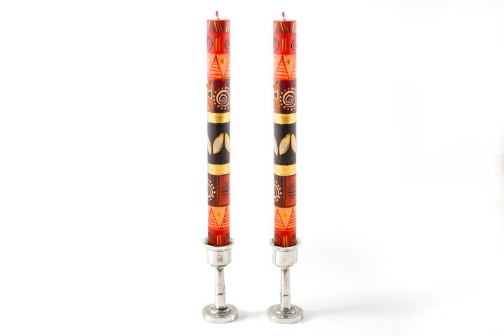 Matched taper pair of Safari Gold candles in pewter candle holders.  Shades of brown and rust with accents of gold in 'african' designs.