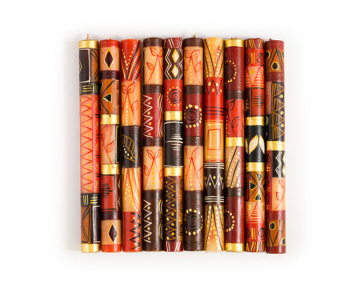 10 Safari Gold tapers that show the 10 designs of this collection.  Warm tones of brown, rust and gold.