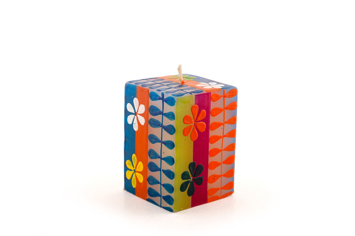 2x2x3 Summer cube candle.  Flowers, dots and petal chain designs in summer colors.
