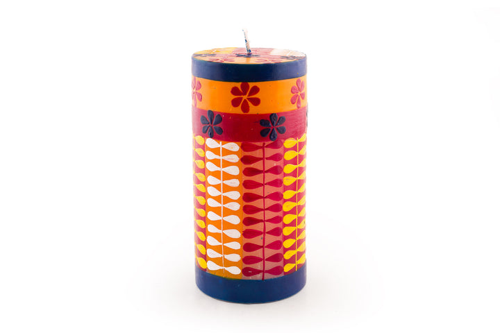 3x6 Summer pillar candle. Flowers, dots and petal chain designs in summer colors.